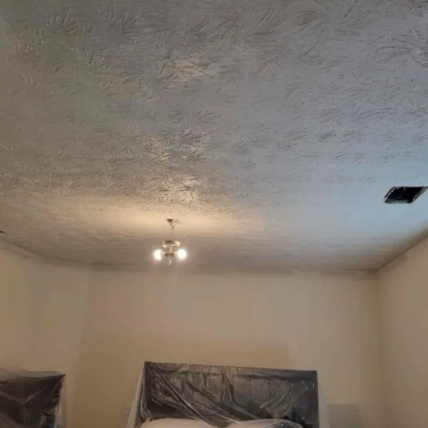 Professional drywall contractor patching a water-damaged ceiling with seamless texture matching in Henry County, GA