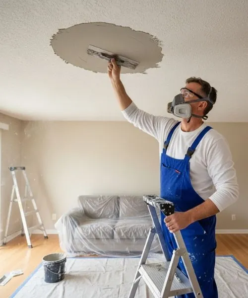 Professional drywall contractor repairing water damaged ceiling in Henry County, GA.