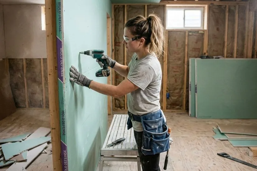 A worker securing mold-resistant purple board to a basement ceiling with professional tools and joint compound visible in the foreground.