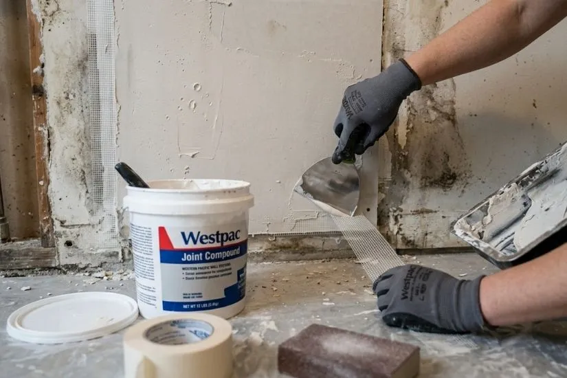 A professional contractor repairing a water-damaged section of a lower wall using a joint compound and a putty knife