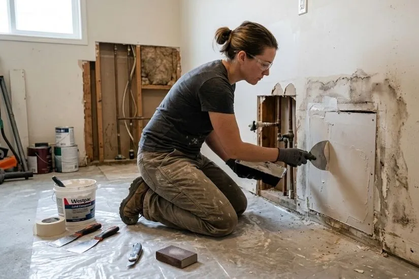 A professional contractor repairing a water-damaged section of a lower wall using a joint compound and a putty knife